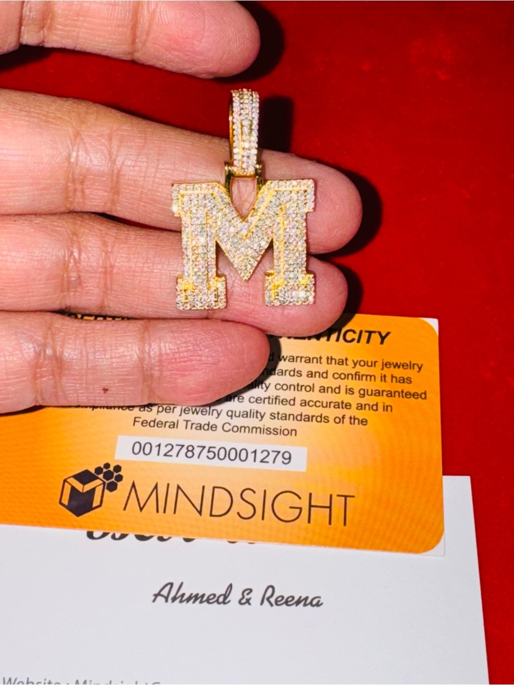 14k Yellow Gold Vermeil M initial Pendant, M monogram VVS Moissanite Diamond WOW